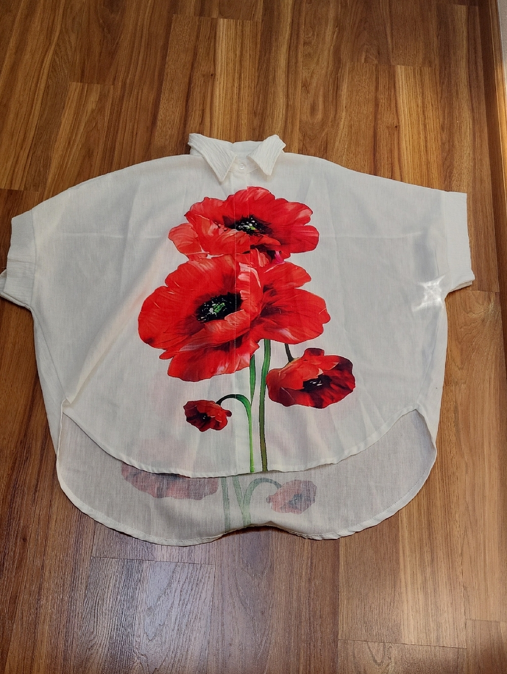 White Blouse with Red Poppy Print